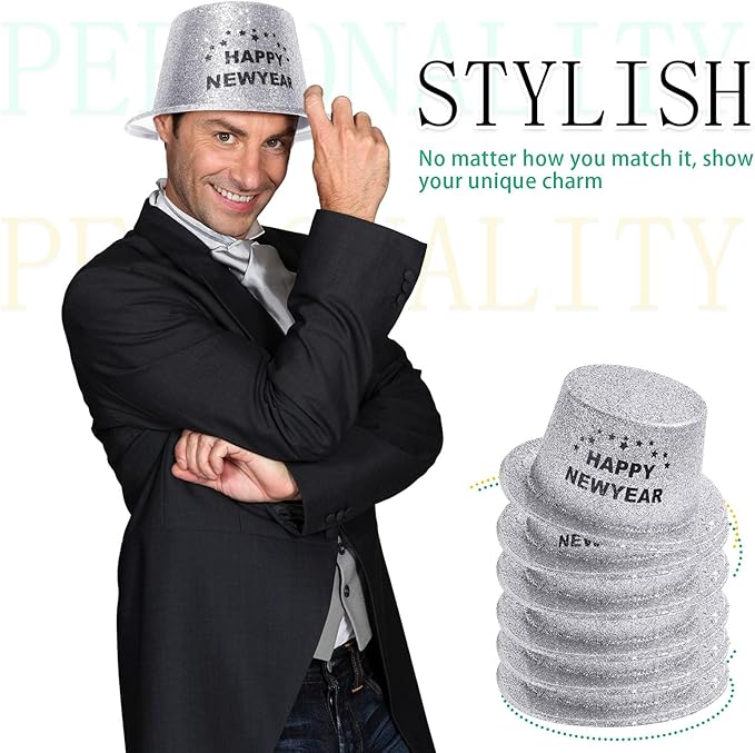 Hillban 12 Pcs Top Hats Halloween Glitter Plastic Retro Disco Party Hats - Image 7