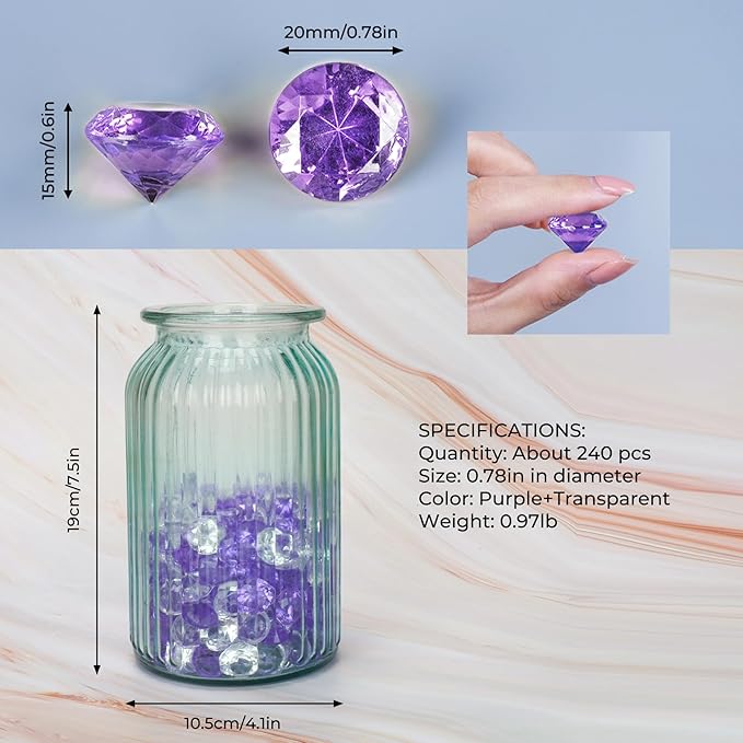 Acrylic Diamond Fake Gems Vase Filler, Babenest 240pcs 3/4 Inch Faux Diamonds - Image 4