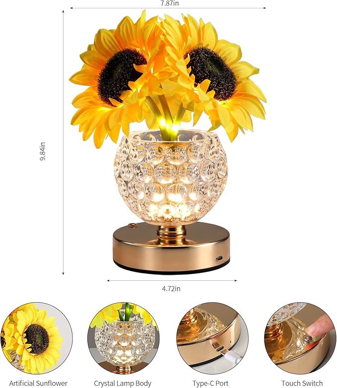 Sunflowers Lamp, Rechargeable Cordless Touch Table Lamp, 3-Colour Infinitely - Image 5