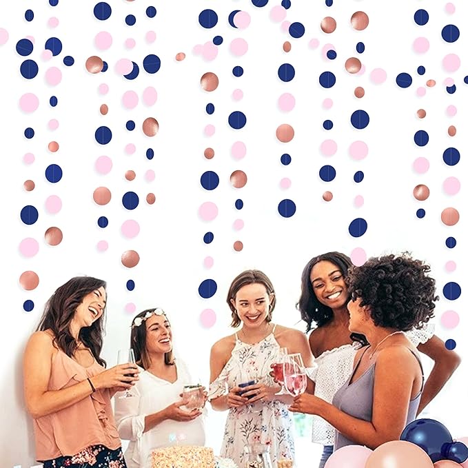 46Ft Navy Blue Blush Circle Dot Garland Royal Blue Pink Rose Gold Hanging Paper - Image 5