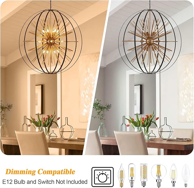 43.3" Black Gold 18-Light Globe Sputnik Chandelier Modern Adjustable Hanging - Image 3
