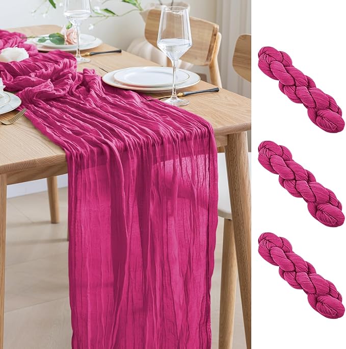 Asee'm 3pcs Cheesecloth Table Runner 120 Inches Long Fuchsia Boho Gauze Cheese by Aseem