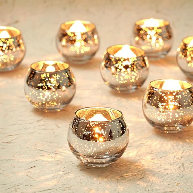 Homemory 12 Pcs Silver Votive Candle Holders, Round Mercury Glass Candle Holder by Homemory