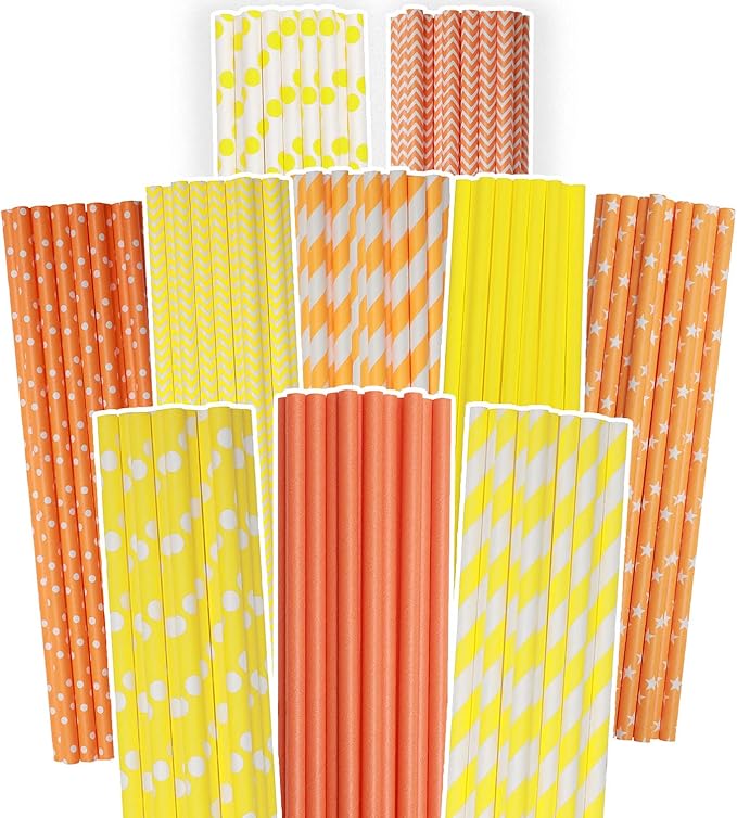 Yellow Orange Paper Straws for Drinking Yellow Disposable Straws 150pcs by Qiqee