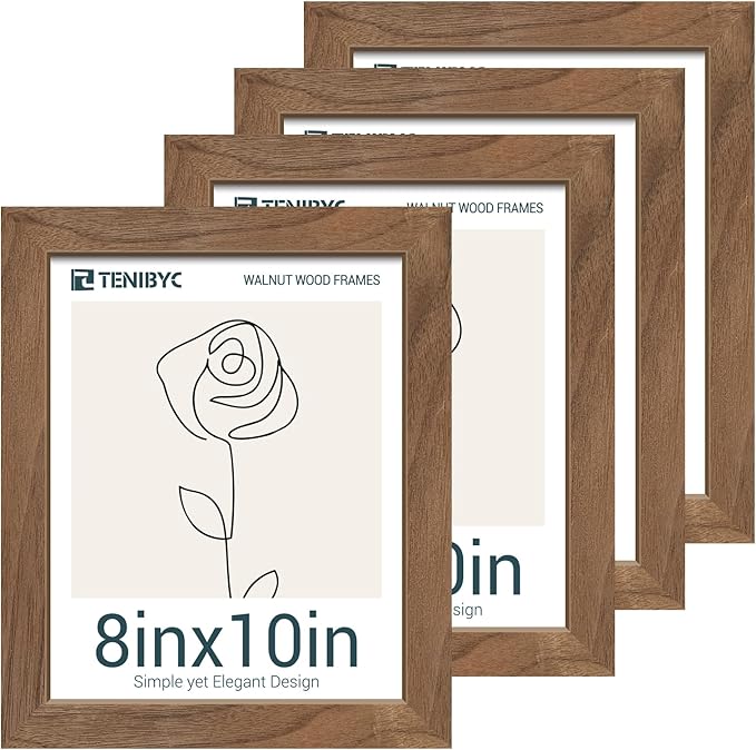 8x10 Picture Frame Set of 4, HD Tempered Glass, Natural Walnut Photo Frame by TENiBYC