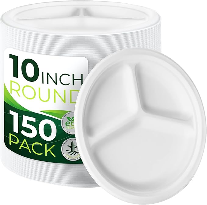 150-Piece 100% Compostable 10in Paper Plates, 3-Compartment Heavy Duty by Birchio