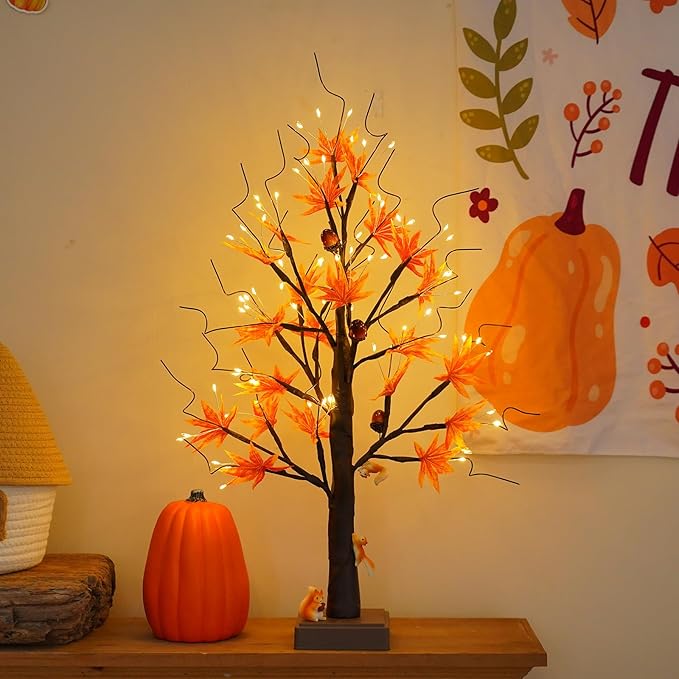24” 72 LED Fall Decorations for Home, Birch Tree Lighted Fall Maple Leaves - Image 4