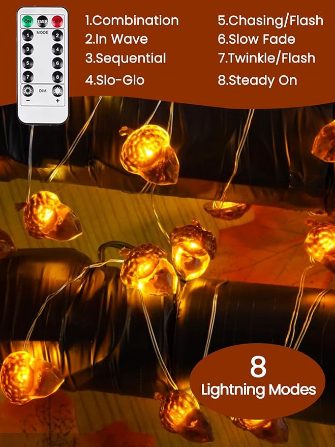 BOSSERN 2 Pack 60LED Thanksgiving Decoration Acorn String Light Battery Operated - Image 3