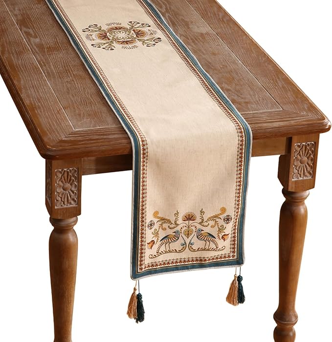 patdrea Designer Beige Farmhouse Geometric Patterned Linen Table Runner 71 Inch by Welcometopatdrea