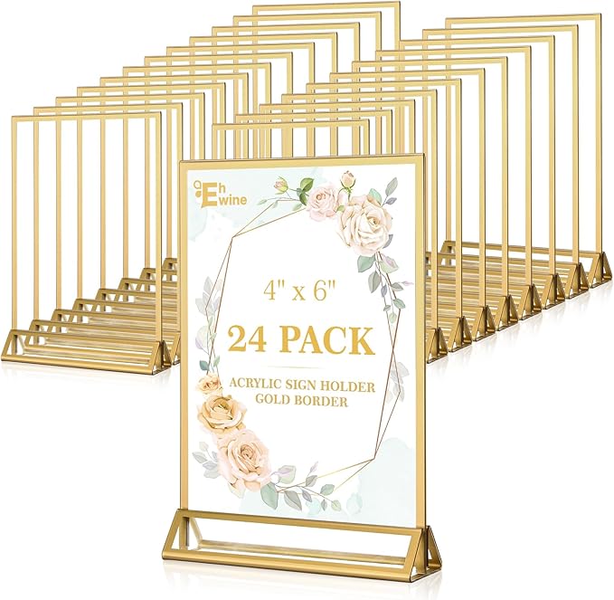 EHWINE 24 Pack Acrylic Sign Holder 4 x 6, Double Sided Gold Picture Frame Stand by EHWINE