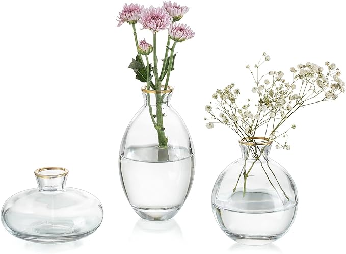 Bud Vases 3Pcs/Set Small Vases Handmade Cute Gold Rim Small Vases by Glasseam