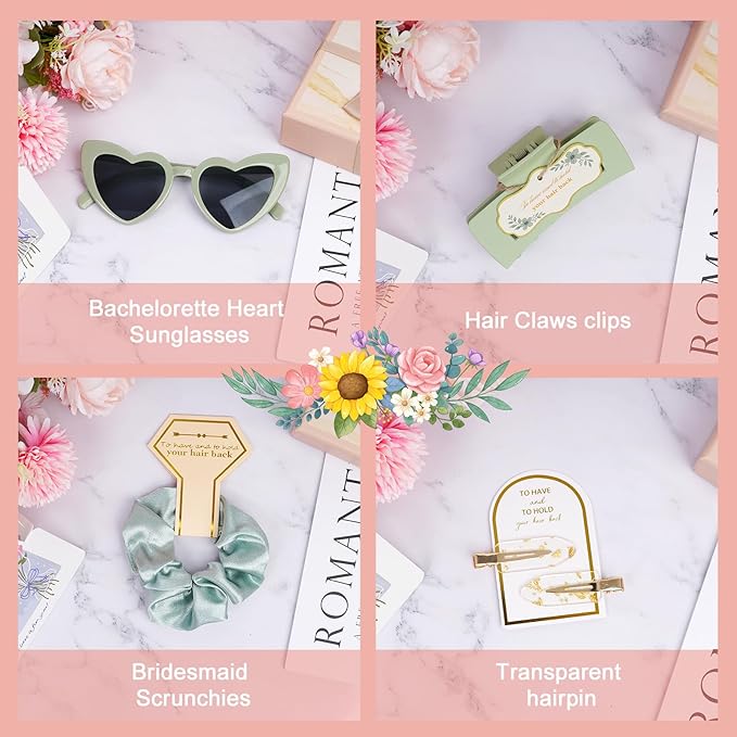 Sage Green Bridesmaid Gifts for Proposal, Scrunchies, Makeup Clips & Heart - Image 4