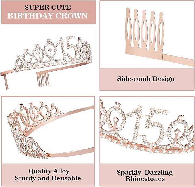 15th Birthday Decorations for Girls, Including Sash, Crown/Tiara, Cake Toppers. - Image 4