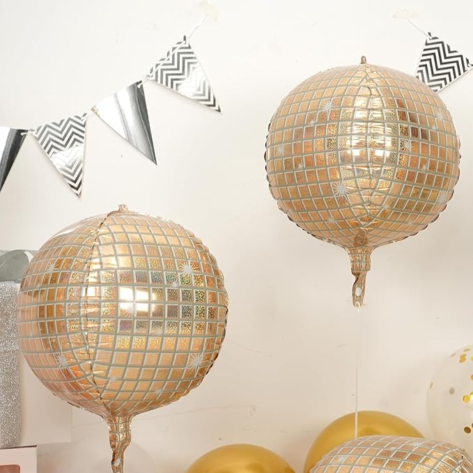 Disco Ball Balloons 4PC, Foil Disco Balloons 22 Inch 4D Round White Gold Balloon - Image 4