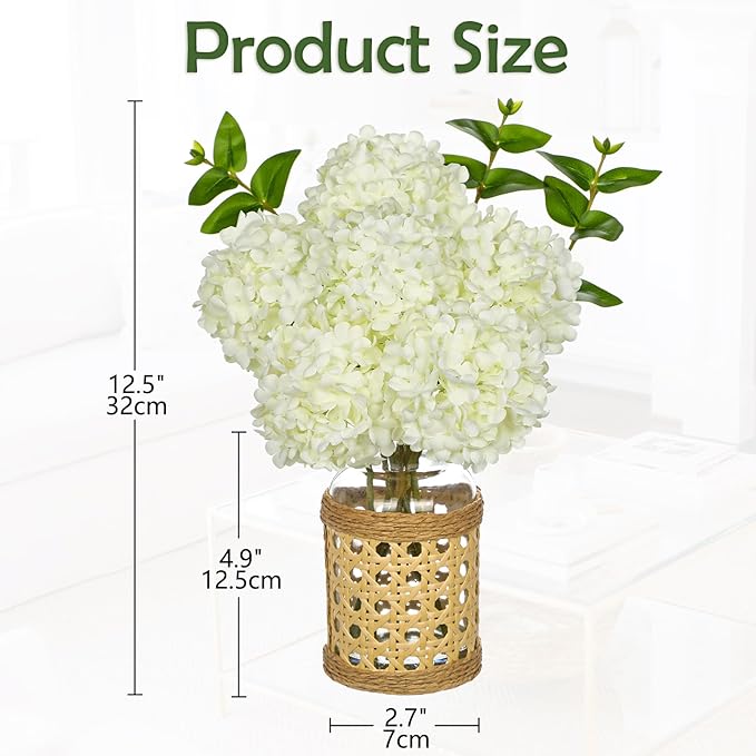 Hollyone White Hydrangea Artificial Flowers in Woven Glass Vase - Image 6
