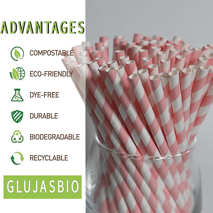 Paper Straws Disposable Pink White - Image 2