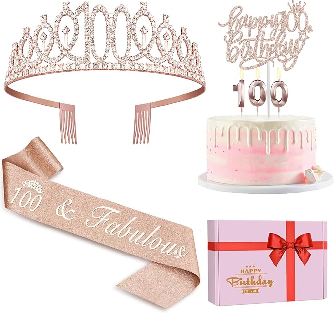 100th Birthday Decorations Women, Including Birthday Crown/Tiara, Cake Topper by JueslyBirthdayParty