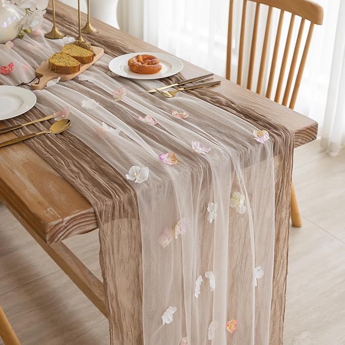 Romantic Artificial Floral Table Runner 10ft Gauze Tulle Lace Table Runner Set - Image 2