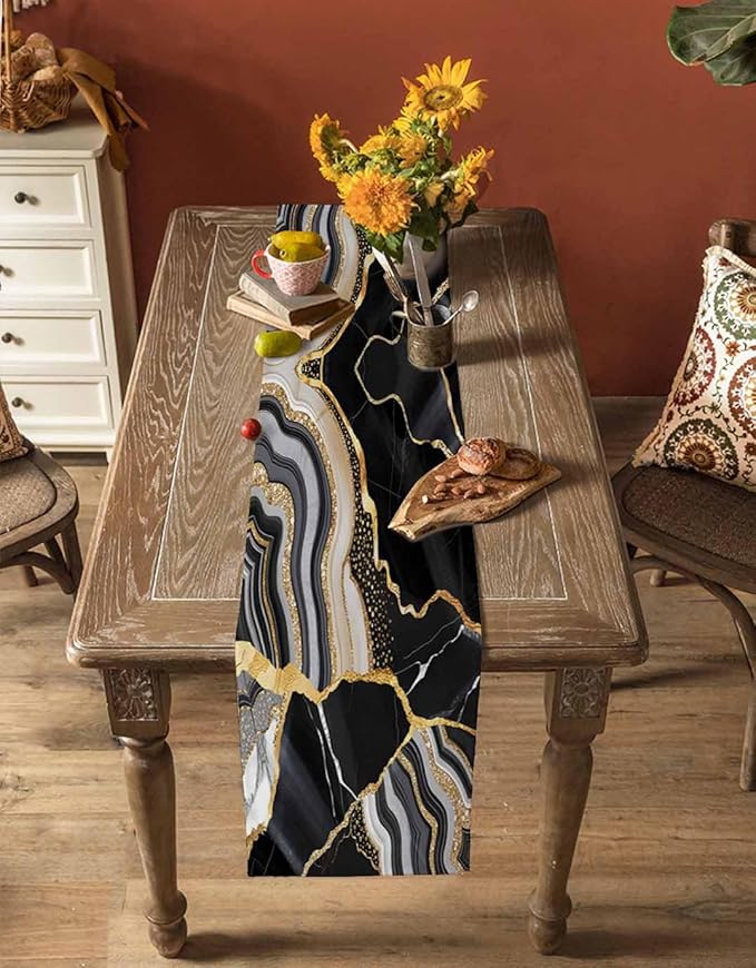 Geometric Black Marble Cotton Linen Table Runner - Image 4