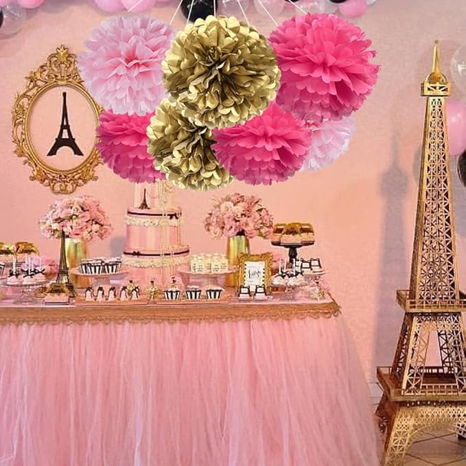 Gold Hot Pink and Pink Paper Flower Tissue Pom Poms - Image 2