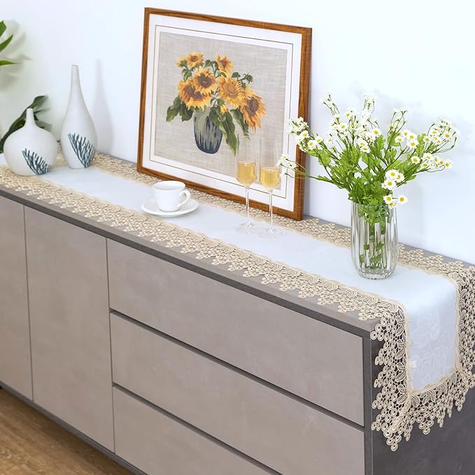 Beige lace Premium Rectangle Farmhouse Table Runner Waterproof OilProof - Image 2