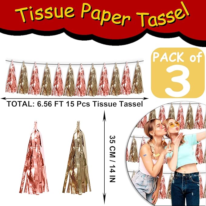 3P Rose Champagne Gold Metallic Fringe Tassel Banner Garland Foil Tinsel - Image 2