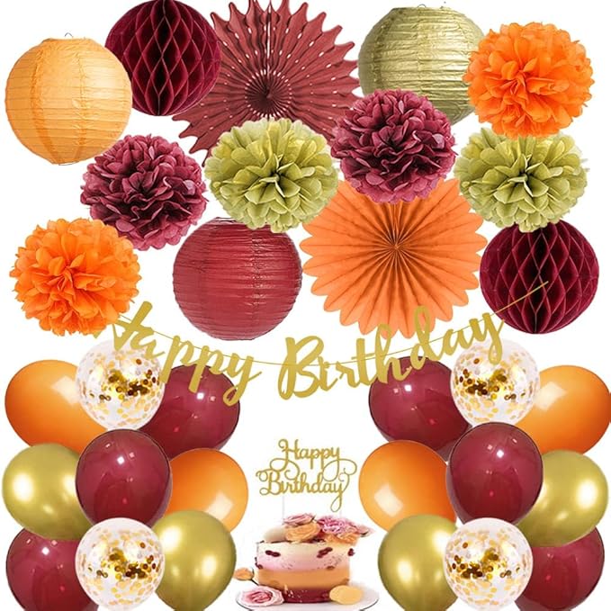 Fall Birthday Decorations Burgundy and Orange Party Decorations Pom Poms by FETETIJD