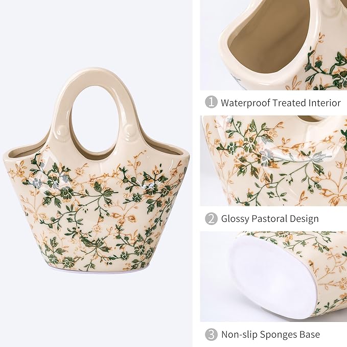 Ceramic Purse Vase for Flowers, Cute Handbag Vases, Vintage Green and Beige - Image 4