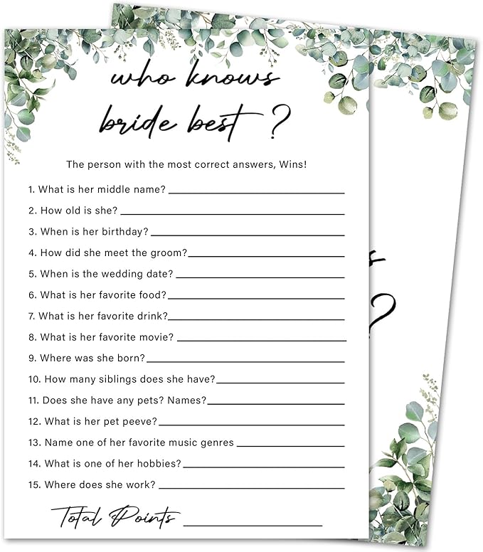 Eucalyptus Bridal Shower Game Cards by HOME