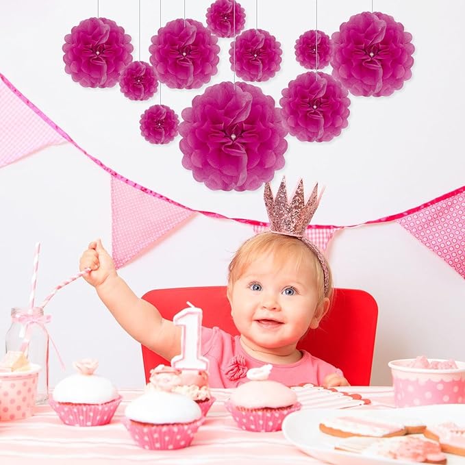 Tissue Paper Pom Poms, Fuchsia Tissue Paper Flowers, Hanging Flower Balls - Image 6