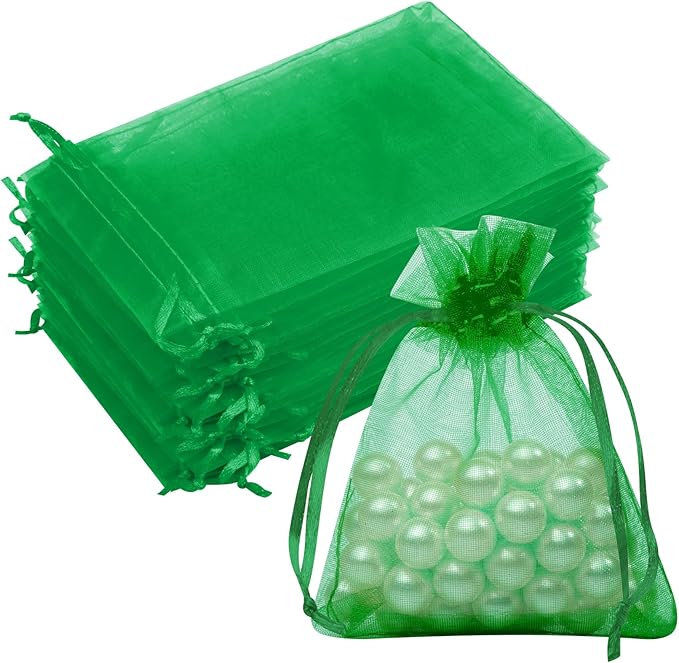 50 Pcs 3x4 Inch Christmas Green Organza Bags, Mesh Bags Drawstring Small Pouch by CRWEETY