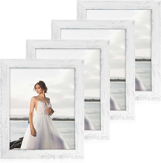 8x10 Picture Frame Set of 4, High Definition Glass Distressed White Frame by iRahmen