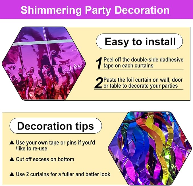 4 Pack Rainbow Wave Foil Fringe Curtain Backdrop, 3.28Ft x 8.2Ft Metallic - Image 3