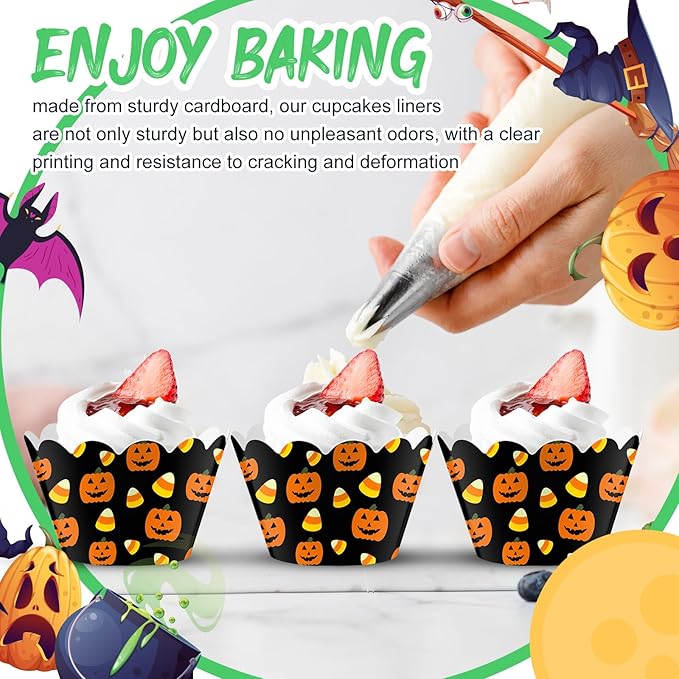 Domensi 100 Pcs Halloween Pumpkin Cupcake Wrappers Rustic Cupcake Liners - Image 6