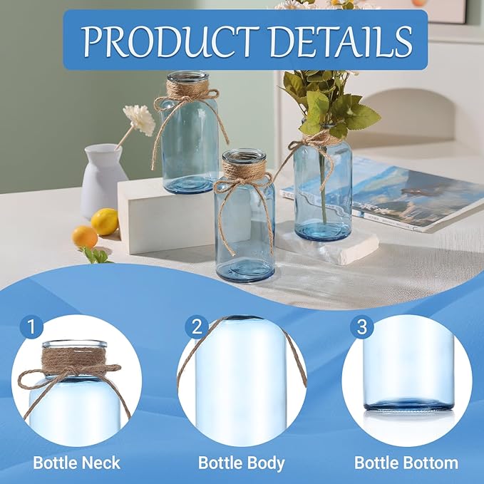 Blue Glass Flower Vases for Centerpieces Set of 12, Mason Jars Boho Cylinder - Image 6