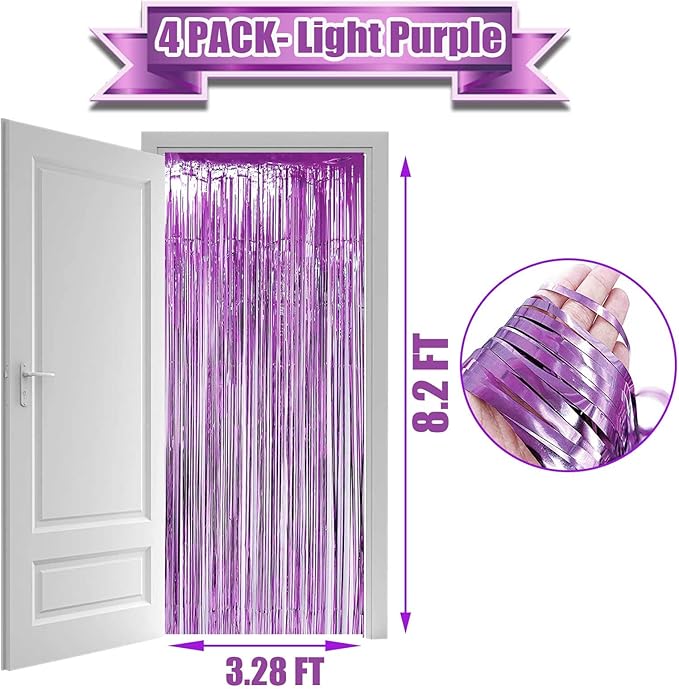 4 Pack Light Purple Foil Fringe Curtain Backdrop, 3.28Ft x 8.2Ft Metallic - Image 2