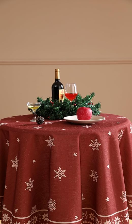 ISAENNE Designer Christmas Red Round Tablecloth, Linen Table Cloth - Image 9