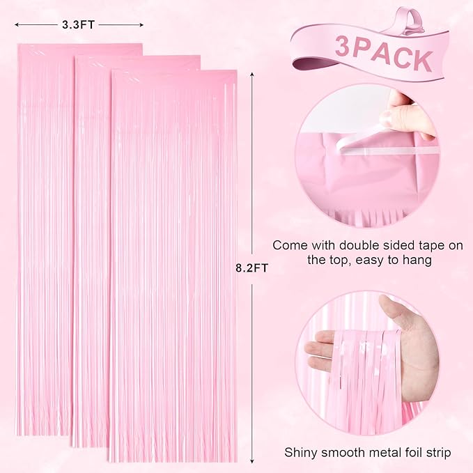 3 Pack 3.3 x 8.2 ft Pasel Pink Foil Fringe Backdrop Curtains, Tinsel Streamers - Image 3