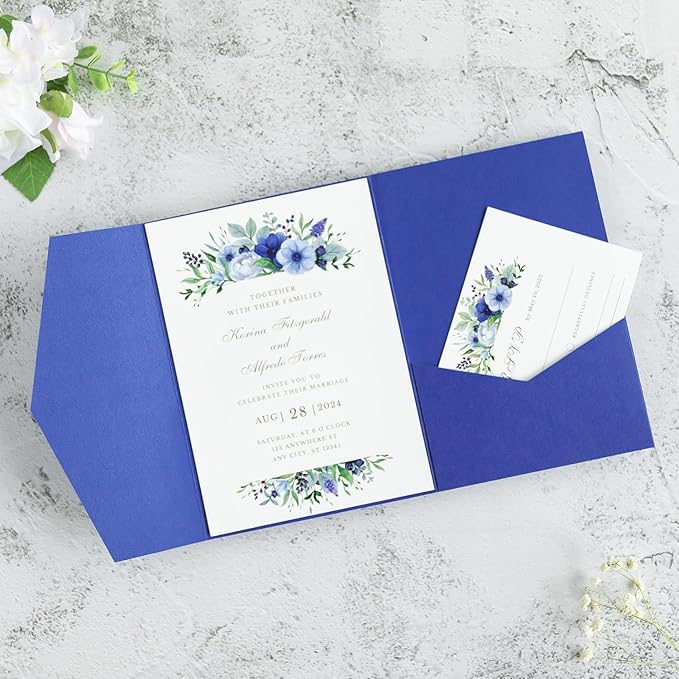 20 PCS Royal Blue Tri-fold Laser Cut Wedding Invitation Pockets - Image 4
