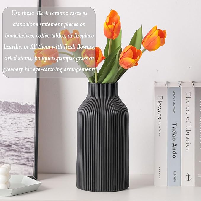 10 Inch Black Ceramic Vase for Decor, Minimalist Modern Home Decorative Large - Image 5