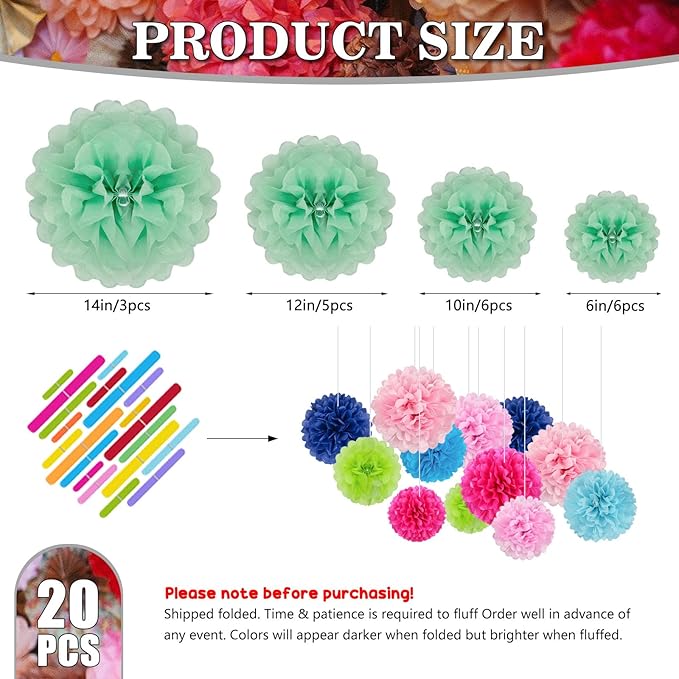 Tissue Paper Pom Poms, Light Green Tissue Paper Flowers, Hanging Flower Balls - Image 2
