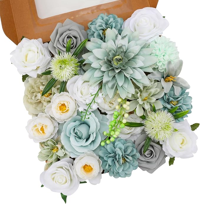 Floweroyal Artificial Flowers Combo Teal Blue Flowers Mix Silk Flowers Dahlia by FloweroyalCrafts