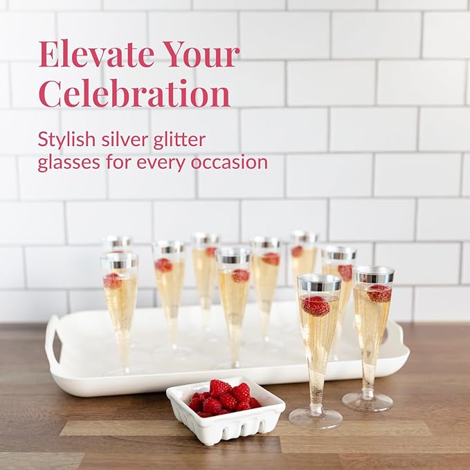 Prestee Set of 24 Silver Glitter Plastic Champagne Flutes - Image 2