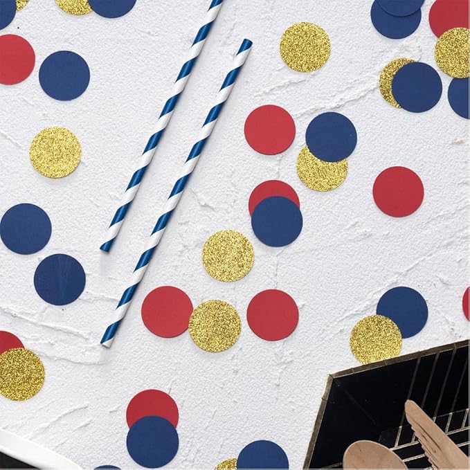 Gold Blue and Red Confetti Table Decoration - Image 3