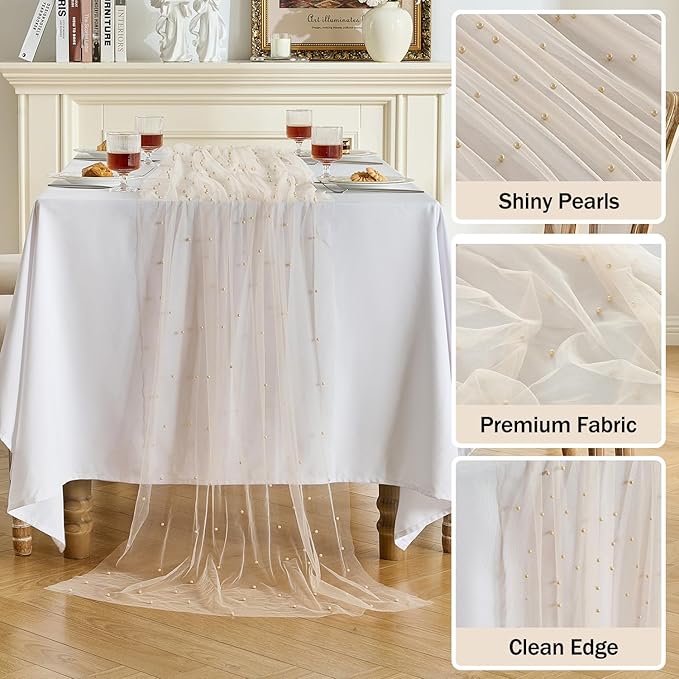 Fanami 1 Pack Pearl Table Runner -10FT Champagne Gold Boho Tulle Table Runners - Image 3