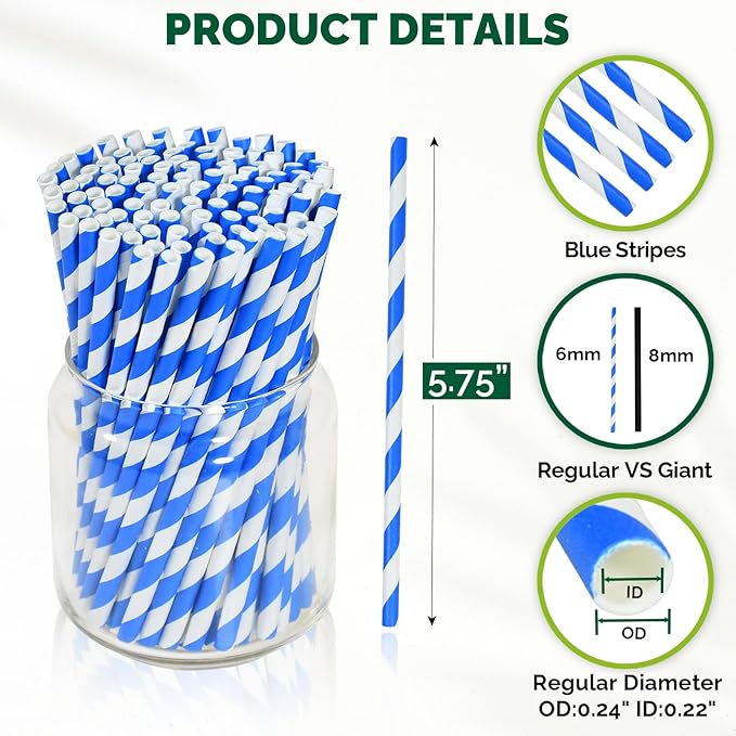 5.75 inch Blue/White Striped Paper Straws & Stirrer Sticks 500 Counts, - Image 2