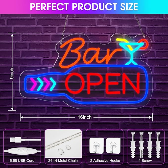 Bar Open Neon Sign, Super Bright 16''x 9'' Dimmable USB Powered LED Open Signs - Image 4