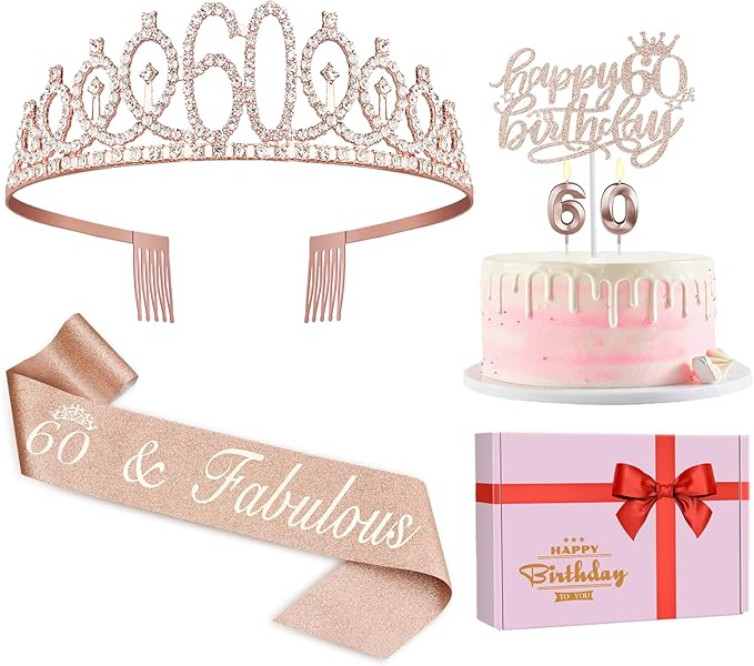 60th Birthday Decorations for Woman, Including 60th Birthday Sash and Crown by JueslyBirthdayParty