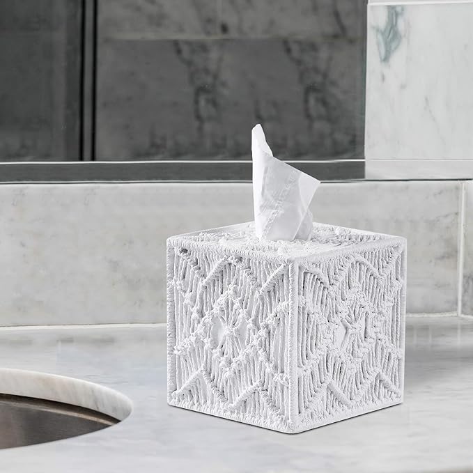 White Woven Macrame Boho Tissue Box Cover Square - Image 7