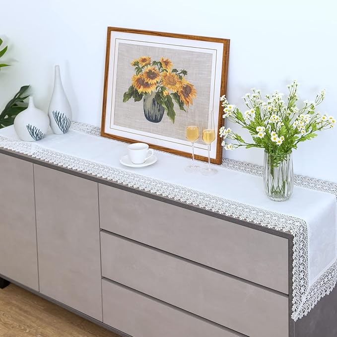 White lace Premium Rectangle Farmhouse Table Runner Waterproof OilProof - Image 2